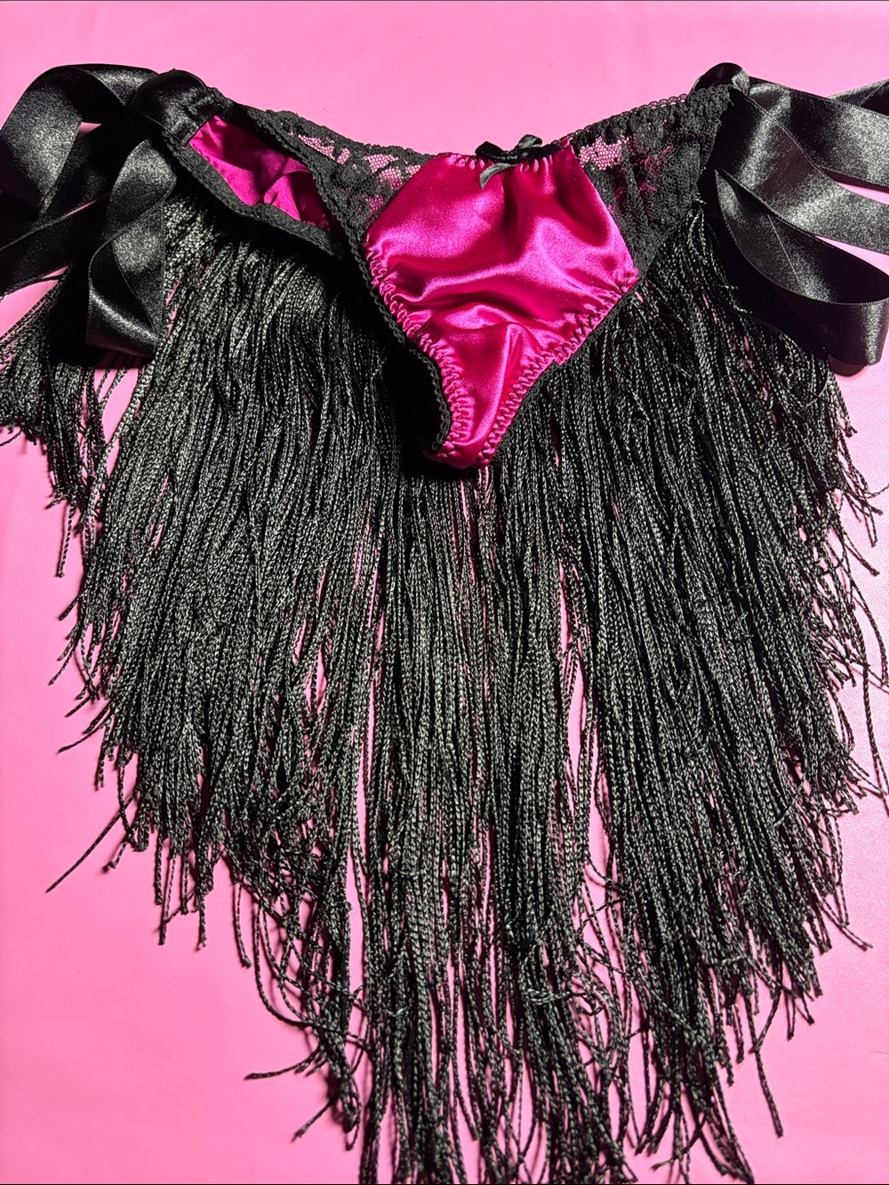 Satin & Fringe Women's Thong Panty - Fuchsia and Black